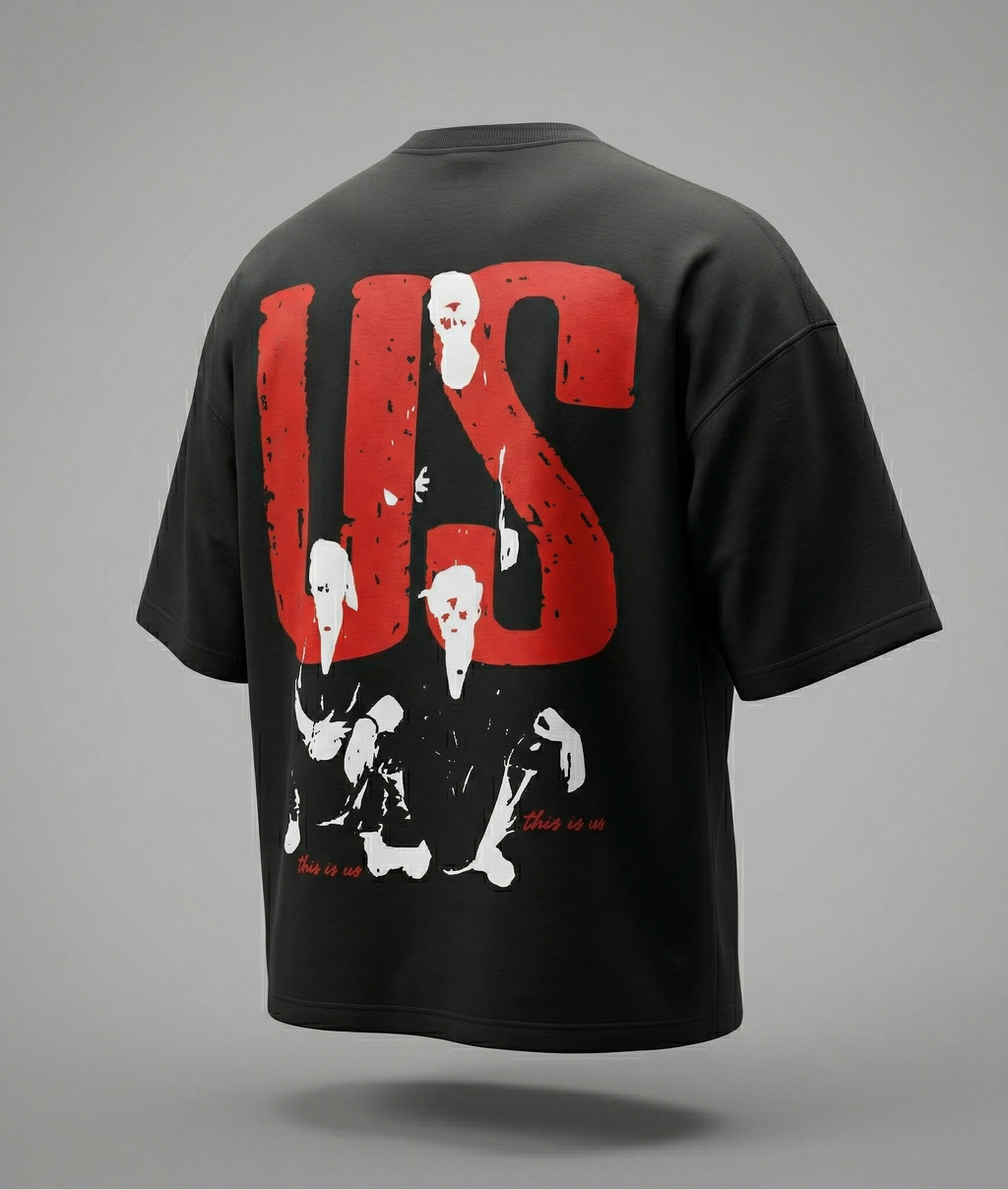 Black t-shirt with red and white graphic design on a gray background
