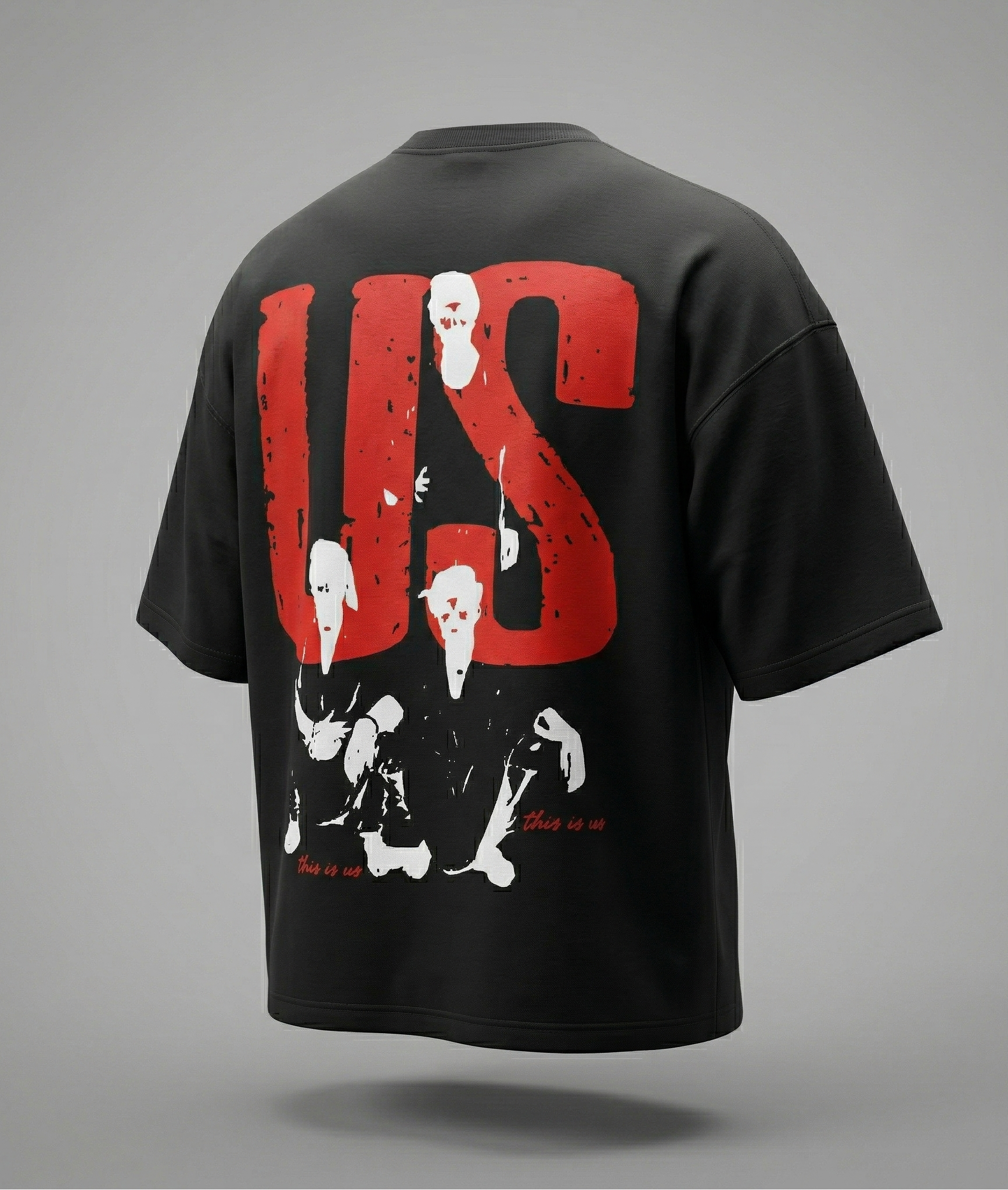 Black t-shirt with red and white graphic design on a gray background