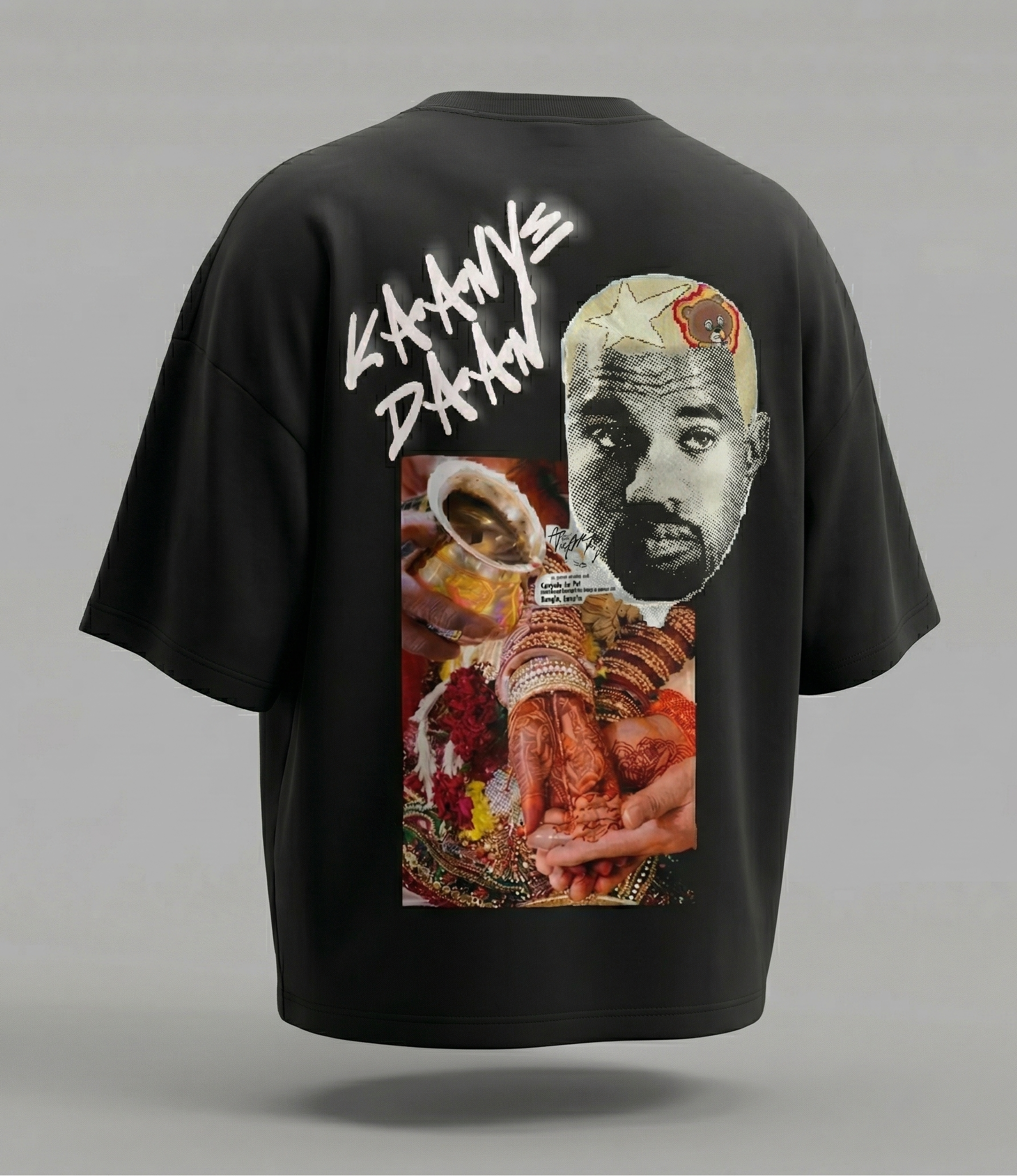 Black t-shirt with a collage design and text on the back against a gray background