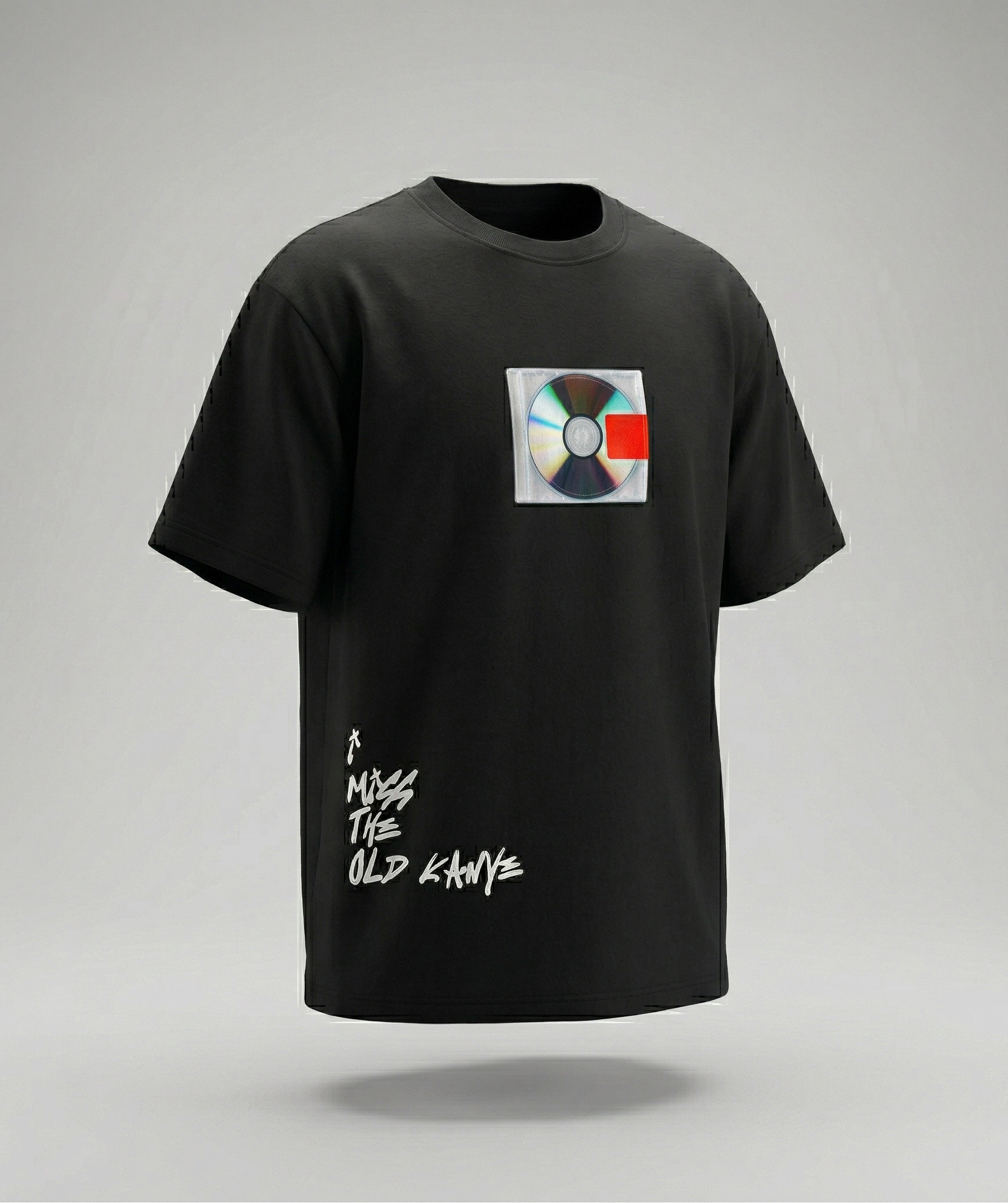 Black t-shirt with a graphic design on a gray background