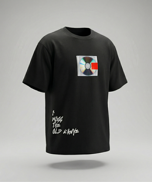 Black t-shirt with a graphic design on a gray background