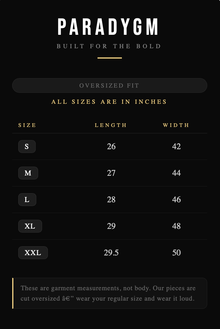 Measurement chart for Paradygm clothing with size, length, and width details on a black background.