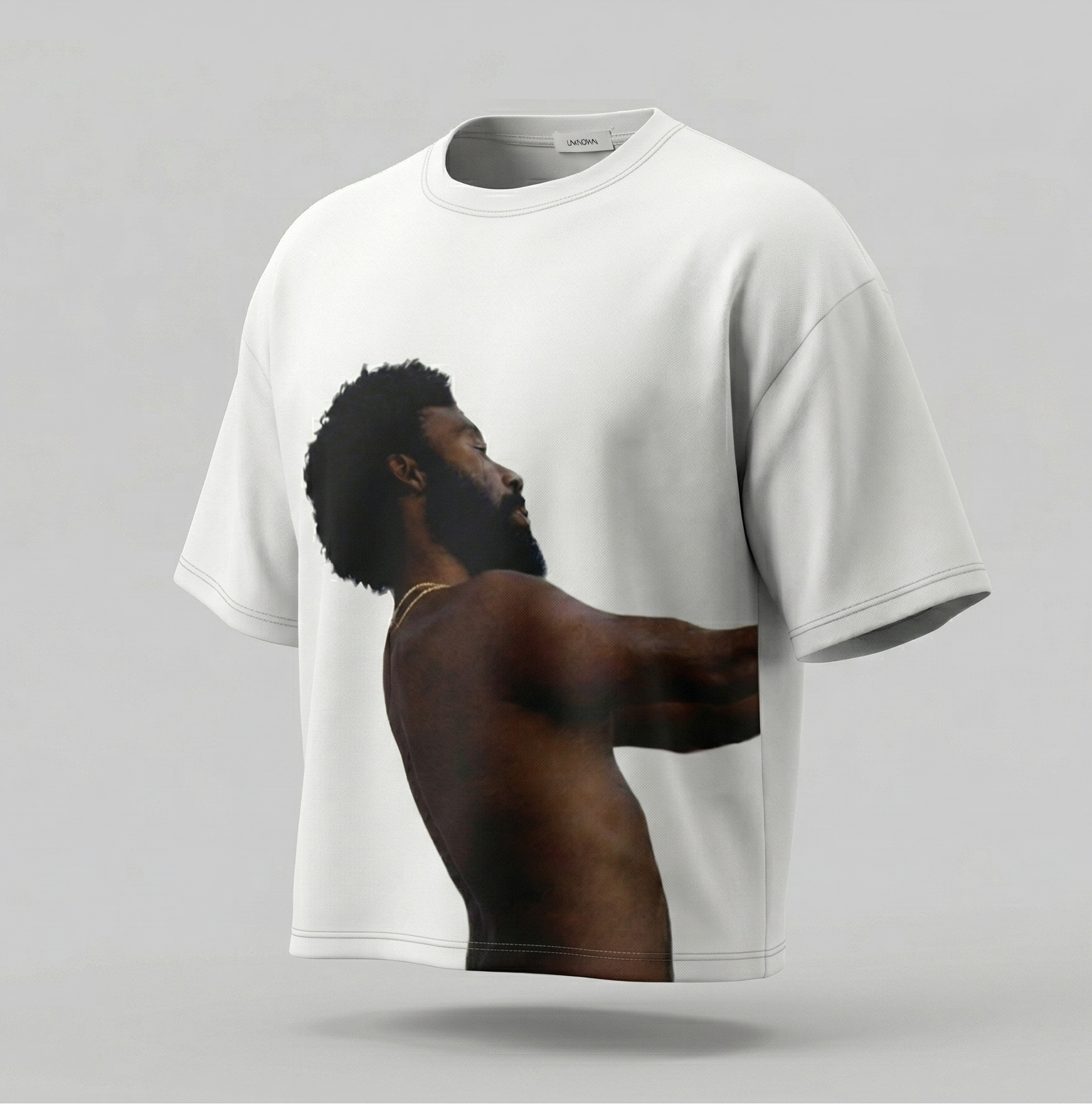 White t-shirt with a graphic of a man on a gray background