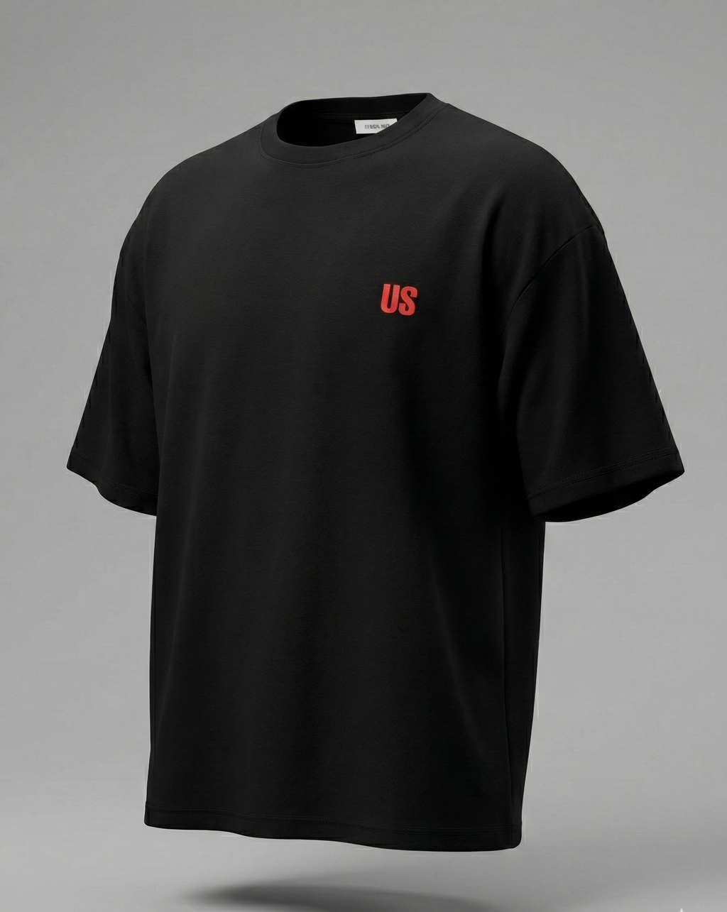 Black t-shirt with a red logo on a gray background