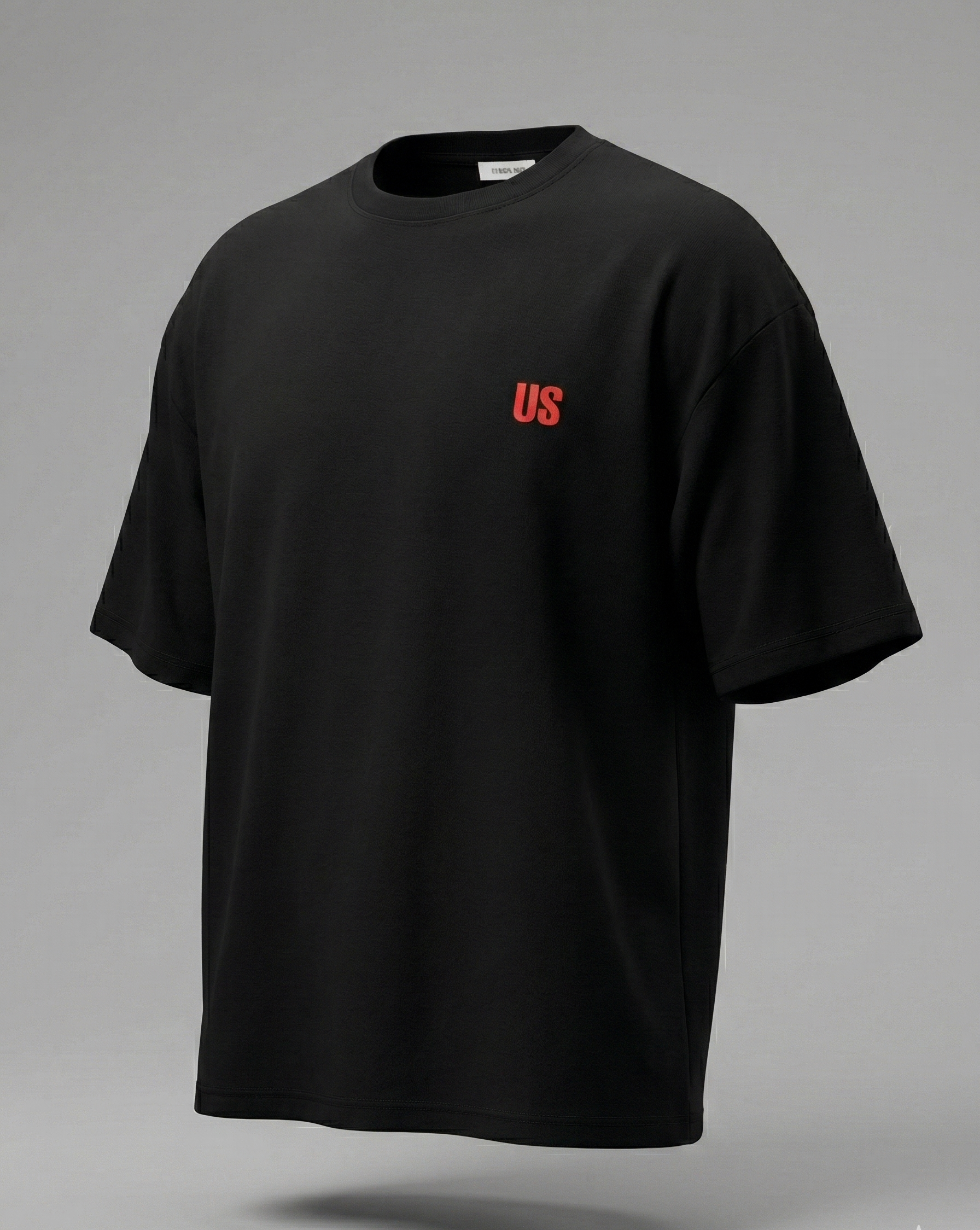 Black t-shirt with a red logo on a gray background