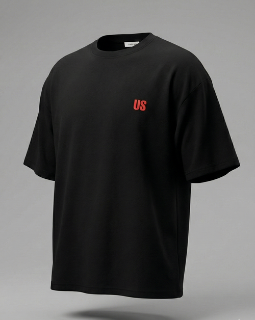 Black t-shirt with a red logo on a gray background
